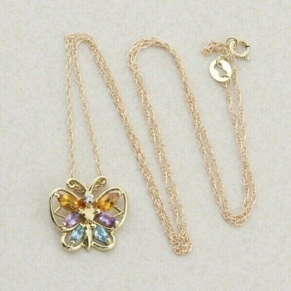 Unbranded Jewelry - 10K Yellow Gold Natural Citrine, Amethyst, Topaz, Diamond Butterfly Necklace 18